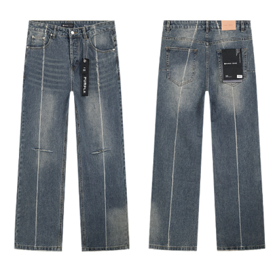 Light Blue Washed Wide-Leg Denim Jeans with Vertical Stitch and Knee Slit